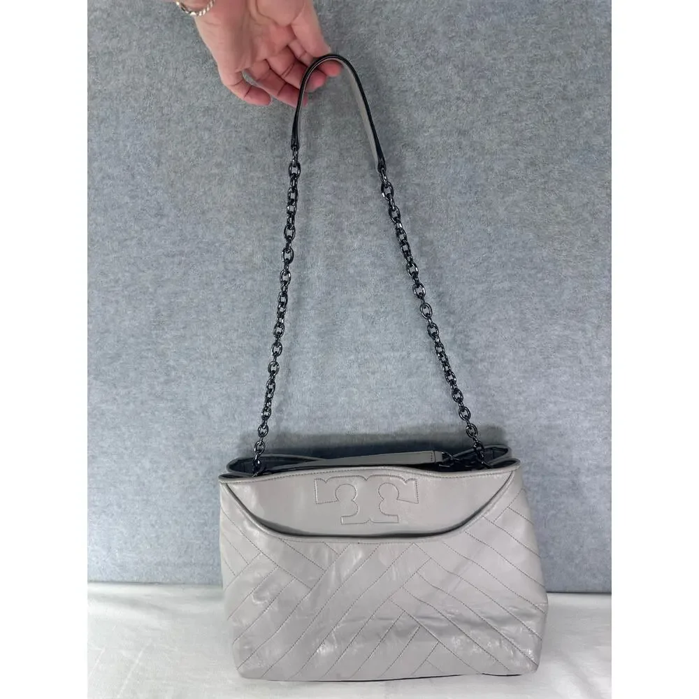 Tory Burch Alexa Quilted Slouchy Soft Leather Tote Purse Grey Pewter Chain